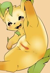 anus blush brown_eyes eeveelution feet female feral fur furry furry_only generation_4_pokemon hi_res leafeon looking_at_viewer nintendo one_leg_up open_mouth pokemon pokemon_(species) pu_sukebe pussy raised_leg solo spread_legs spreading tail video_games yellow_body zoophilia