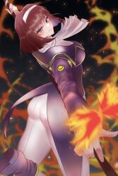 1girls 2022 artist_request ass big_ass big_breasts brown_hair bubble_butt busty clothing fire hi_res kanzaki_sumire looking_at_viewer looking_back medium_breasts pants sakura_taisen sakura_wars sega sensual short_hair sideboob smile uniform voluptuous weapon