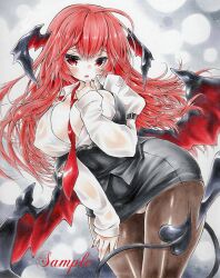 arim0k0 bat_wings breasts covered_nipples demon_tail female head_wings highres koakuma large_breasts long_hair necktie pantyhose red_eyes red_hair sample_watermark shikishi shirt skirt solo succubus succubus_tail succubus_wings tail touhou traditional_media wings