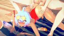 blue_hair blush eyewear_on_head femboy gay indie_virtual_youtuber linechu penis sex sunglasses sunglasses_on_head swimsuit tan_skin virtual_youtuber