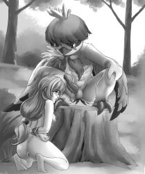 1boy 1girls absurd_res anthro bondage bound duo female hands_behind_back hi_res hisuian_decidueye hisuian_form human humiliation jojo218 male male/female mammal masturbation monochrome nintendo penis pokemon pokemon_(species) pokephilia regional_form_(pokemon) submissive submissive_female talon_lick trainer_aliyah tree_stump video_games