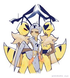 1girls 2boys ant ant_guard_(bug_fables) arthropod arthropod_humanoid brown_body bug bug_fables female helmet insects male male/female rape shiruru tears wasp wasp_trooper_(bug_fables) yellow_body