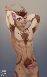 anthro antlers armpit_hair balls body_hair cervid erection fur genitals hands_behind_head hi_res horn humanoid_genitalia humanoid_penis lnkjk.png looking_at_viewer male mammal penis pubes standing tan_body tan_fur