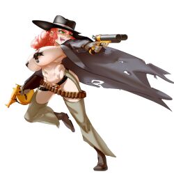 1girls 2022 ammo_belt areolae athletic_female big_breasts double-barreled_shotgun erect_nipples freckles gloves golden_weapon green_eyes gun highres in_motion long_hair mostly_clothed pasties red_hair smile submachine_gun toorops torn_cape wide_brim_hat