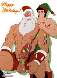 2boys bara beard big_penis christmas christmas_lights clothed disney king_triton long_beard male male/male male_focus male_only muscular muscular_male phausto prince_eric santa_hat tagme the_little_mermaid white_hair