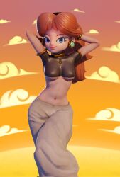 1girls 3d 3d_(artwork) alternate_hairstyle arms_behind_head arms_up belly_dancer big_breasts blue_eyes busty female female_only guinreds hi_res large_breasts legs looking_at_viewer mario_(series) midriff navel nintendo orange_hair ponytail pose posing princess princess_daisy sensual smile solo thighs underboob