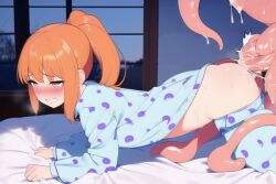 1girls ai_generated all_fours anal anal_sex anal_tentacle bangs bed bedroom blush doggy_style down female nai_diffusion orange_hair original pajamas pants ponytail stable_diffusion tentacle tentacle_penetration tentacle_sex tentacles_around_legs