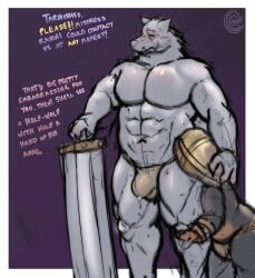 abs absurd_res anthro barazoku blaidd_(elden_ring) bulge canid canine canis clothing cocoronut elden_ring english_text fromsoftware furry gay grope groping_from_behind hi_res mad_pumpkin_head male male/male mammal melee_weapon muscular muscular_male noha_(cocoronut) pecs scar sword text underwear video_games weapon wolf