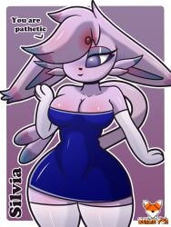 2022 3:4 anthro anthrofied big_breasts black_body breasts clothed clothing curvy_figure dialogue digital_media_(artwork) eeveelution english_text espeon eyelashes facial_tuft female fishnet footwear generation_2_pokemon heart hi_res huge_breasts latex legwear looking_at_viewer mammal nintendo pokemon pokemon_(species) pokemorph raised_clothing raised_shirt raised_tank_top raised_topwear red_eyes shirt signature silvia_(zerlix_fox) socks solo tank_top text thigh_highs topwear tuft under_boob underwear video_games voluptuous wide_hips zerlix_fox