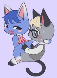 1boy 1boy1girl 1girls 2020 animal_crossing anthro blonde_hair blue_fur blue_hair blush chibi color cute digital_drawing_(artwork) digital_media_(artwork) feline furry glasses grabbing grabbing_ass gray_fur green_eyes highres looking_at_partner looking_back looking_down nintendo raymond_(animal_crossing) reverse_cowgirl_position rosie_(animal_crossing) shy simple_background smile suit sweat wholesome