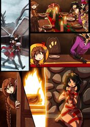 2girls armor black_hair blue_eyes bob_cut bondage braid braided_hair braided_ponytail brown_hair christmas comic comic_page earmuffs elf elf_female elf_girl fireplace food gift gift_wrapped goggles goggles_on_head gold_eyes imminent_sex kinkymation kneesocks lesbian long_hair luka_irrilyth medieval medieval_clothing multiple_girls red_scarf red_skirt ribbon ribbon_bondage scarf sierra_dazorelle skirt wholesome yellow_eyes