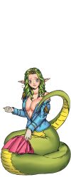 1girls areola_slip female female_only green_eyes green_hair green_tail harem_heroes lamia medium_breasts monster_girl naga pointy_ears snake_girl solo undressing