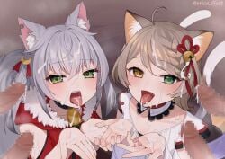 2_tails 2girls absurdres ahoge animal_ear_fluff animal_ears bell braid braided_bangs cat_girl choker collarbone cum cum_in_mouth cum_on_hair cum_on_hands cum_on_tongue cumdrip erica_illust facial fangs forked_tail fur_trim green_eyes grey_hair group_sex hair_bell hair_ornament heterochromia highres light-skinned_female light_brown_hair light_skin multi_tail multiple_boys multiple_girls multiple_penises naki_kamizuki neck_bell nekomata nia_suzune notched_ear orgy penis prism_project second-party_source single_sleeve spiked_choker spikes tail tongue tongue_out virtual_youtuber wolf_girl yellow_eye