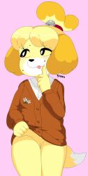 2d animal_crossing anthro blush canine color cute digital_drawing_(artwork) digital_media_(artwork) dream-cassette embarrassed furry hips hoshime isabelle_(animal_crossing) lifting_shirt looking_away mob_face nintendo office_lady presenting_pussy pussy shh shirt_lift shushing shy sweat yellow_fur