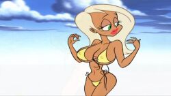 1girls beach_ball_girl big_breasts blonde_hair busty child_bearing_hips cleavage covered_nipples erect_nipples female female_only green_eyes hi_res hips large_breasts legs lips navel red_lips red_lipstick ren_and_stimpy ren_and_stimpy_"adult_party_cartoon" sensual thick_lips thighs voluptuous wide_hips yellow_bikini