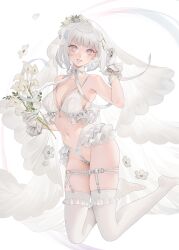 1girls bangs bare_shoulders bikini blush breasts bridal_veil cleavage earrings female female_only flower garter_straps gloves highres jewelry light-skinned_female lingerie looking_at_viewer nacchan_(ohisashiburi) navel ohisashiburi original original_character pink_eyes revision short_hair simple_background smile solo stockings veil white_background white_bikini white_gloves white_hair white_stockings