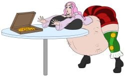 1girls belly bent_over big_belly big_breasts breasts cleavage elek-tronikz female female_only fetal_movement food huge_belly huge_breasts hyper_pregnancy jewelry_bonney one_piece pink_hair pizza pregnant