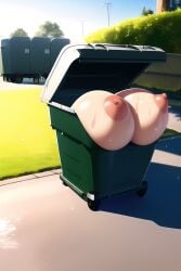 ai_generated breasts green_trash_container huge_breasts left_in_dumpster nai_diffusion nipples outdoors stable_diffusion sweat tagme thrown_away trash_can