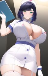 1girls ai_generated black_hair blue_hair breasts female genshin_impact gloves green_eyes hips huge_breasts light-skinned_female light_skin nai_diffusion nurse nurse_costume nurse_outfit nurse_uniform short_hair slim_waist stable_diffusion thick_thighs thighs two_tone_hair wide_hips yelan_(genshin_impact)