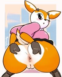 2020s 2022 aggressive_retsuko aggretsuko alternate_version_available anthro anus ass blush breasts clothing deer female female_only fur furry furry_only looking_back one_eye_closed pussy sanrio solo spread_ass tail tsunoda tsunoda_(aggretsuko) wink yenvudu