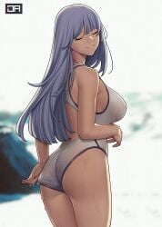 1girls adjusting_clothes adjusting_swimsuit ak-12_(girls'_frontline) ass backlighting bare_arms bare_shoulders breasts closed_eyes closed_mouth competition_swimsuit cowboy_shot day facing_viewer female girls'_frontline grey_hair j_adsen large_breasts light-skinned_female light_skin long_hair one-piece_swimsuit outdoors sideboob smile solo swimsuit wet wet_clothes wet_swimsuit white_one-piece_swimsuit