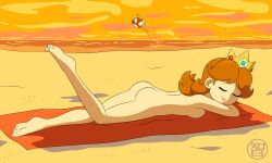 1girls ass beach breasts casual cheep_cheep female female_focus human kairu-hakubi mario_(series) nintendo nude nudist outdoors pale_skin princess_daisy retropunch sunbathing sunset