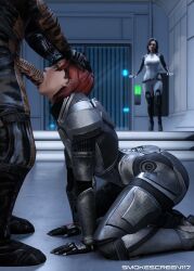 1boy 1girls 3d 3d_(artwork) alien all_fours athletic athletic_female batarian blender blowjob caught commander_shepard fellatio femshep femsub interspecies kneeling mass_effect miranda_lawson on_floor oral oral_sex red_hair side_view smokescreen117 soldier thick_thighs thighs tight_throat