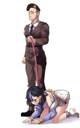 1boy all_fours anger_vein angry black_hair clenched_teeth commander_(nikke) embarrassed female goddess_of_victory:_nikke hat highres hinghoi humiliation kneeling leash military military_hat military_uniform mole mole_under_eye necktie petplay purple_ribbon ribbon shirt syuen_(nikke) tears teeth uniform white_shirt