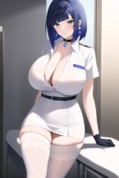 1girls ai_generated black_hair blue_hair breasts female genshin_impact gloves green_eyes hips huge_breasts light-skinned_female light_skin nai_diffusion nurse nurse_costume nurse_outfit nurse_uniform short_hair slim_waist stable_diffusion thick_thighs thighs two_tone_hair wide_hips yelan_(genshin_impact)