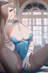 1girls asuna_(blue_archive) asuna_(bunny)_(blue_archive) asuna_(bunny_girl)_(blue_archive) blue_archive blush breasts bunny_girl bunnysuit cleavage female female_only gloves hair_over_one_eye leotard nanoless pantyhose sitting solo solo_female spread_legs spread_pussy spread_pussy_under_clothes tongue_out