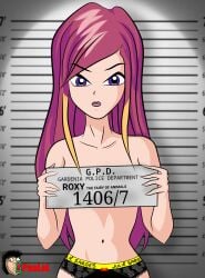 black_panties blue_eyes holding_sign light-skinned_female light_skin long_hair looking_at_viewer mugshot panties panties_only paulol pink_hair prison prisoner roxy_(winx_club) sign winx_club