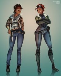 2girls abs ahoge alyx_vance arms_folded armwear before_and_after belt black_hair blue_pants bodysuit boots clothing dark-skinned_female dark_skin digital_drawing_(artwork) digital_media_(artwork) displeased eye_contact female female_abs female_focus female_only fingerless_gloves firearm fit fit_female folded_arms footwear fur_collar gloves goggles goggles_on_head green_eyes gun hairband half-life half-life_2 half-life_2_beta handgun hexagon holding_gun holding_pistol holding_weapon holster hoodie human jacket jeans knee_boots knee_pads kneepads lart173 multicolored_hair necklace pants pendant pistol red_hair shoe_laces shoes short_hair sigh simple_background smirk standing time_paradox toned toned_female tool_belt weapon white_armwear wholesome yellow_eyes