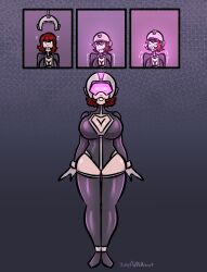 cleavage droneification female helmet huge_breasts inkyfluffdraws thick_thighs thighhighs transformation transformation_sequence visor wide_hips