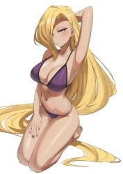 :/ absurdly_long_hair absurdres arm_behind_head arm_up armpits bikini blonde_hair blue_eyes breasts closed_mouth female full_body hair_over_one_eye highres ino_yamanaka kiritzugu large_breasts long_hair nail_polish naruto naruto:_the_last naruto_(series) naruto_shippuden navel purple_bikini purple_nails seiza simple_background sitting solo stomach swimsuit thighs v-shaped_eyebrows very_long_hair white_background