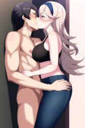 1boy 1girls ai_generated bad_hands bare_shoulders black_hair closed_eyes clothed_female_nude_male corrin_(fire_emblem) corrin_(fire_emblem)_(female) female fire_emblem fire_emblem_fates hand_on_butt hand_on_hip jeans kissing long_hair midriff multi_digit multi_finger muscle muscular_male nai_diffusion naked_male nintendo open_eyes short_hair sports_bra stable_diffusion wall white_hair