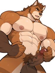 1boy abs ai_generated animal_ears anthro bara bare_pectorals blush body_hair brown_fur brown_hair bulge chest_hair completely_nude erection facial_hair feet_out_of_frame forked_eyebrows furry furry_male goatee hairy large_pectorals long_sideburns male_focus male_pubic_hair mature_male medium_hair muscular muscular_male naked_shirt navel navel_hair nipple_tweak nipples nude pectoral_press pectorals penis short_hair sideburns solo stable_diffusion stomach stubble thick_thighs thighs tight uncensored upper_body veins veiny_penis wolf_boy yaoi