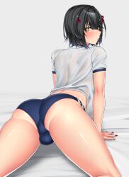 1boy 2022 absurdres arched_back arm_support ass back bangs bare_legs black_hair blue_buruma blush bulge buruma crop_top femboy fingernails from_behind girly gym_shirt gym_uniform hair_between_eyes hair_ornament highres karasu_(jjwh2832) looking_at_viewer looking_back male male_focus male_only mashiro_(nijisanji) mashiro_meme midriff nijisanji otoko_no_ko red_nails safety_pin see-through shiny shiny_skin shirt short_hair short_sleeves solo spread_legs trap virtual_youtuber wet wet_clothes wet_shirt yellow_eyes