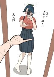 bangs blue_hair blue_hakama cellphone female flying_sweatdrops green_ribbons hair_between_eyes hair_ribbon hakama hakama_skirt highres holding holding_phone houshou_(kantai_collection) japanese_clothes kantai_collection kimono long_hair meme mirror no_shoes one_finger_selfie_challenge phone ponytail ribbon selfie simple_background skirt smartphone standing tadokoro_nurikabe thighhighs white_background white_thighhighs