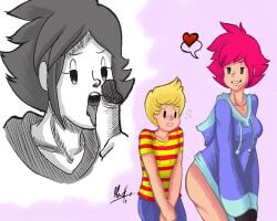 ass blonde_hair blush bottomless breasts dress dress_lift dress_pull earthbound gloves heart hoodie kumatora licking licking_penis lucas marcotto mob_face mother_(series) mother_3 naughty_face nintendo oral penis pink_hair short_hair smile striped_shirt sweat teasing teeth_clenched