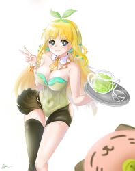 big_breast big_breasts black_legwear blonde_female blonde_hair blue_eyes breasts bunnysuit earring earrings green_hair high_resolution highres hitatsu_phat holding holding_object kisaki_tencha looking_at_viewer looking_happy looking_pleasured multicolored_hair nijigen nijigen_project plant plant_hair short_skirt skirt_around_one_leg smile star star_symbol stars stockings tie two_tone_hair v_sign virtual_youtuber yellow_hair