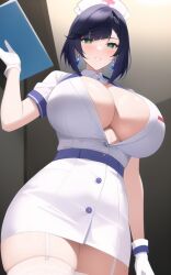 1girls ai_generated black_hair blue_hair breasts female genshin_impact gloves green_eyes hips huge_breasts light-skinned_female light_skin nai_diffusion nurse nurse_costume nurse_outfit nurse_uniform short_hair slim_waist stable_diffusion thick_thighs thighs two_tone_hair wide_hips yelan_(genshin_impact)