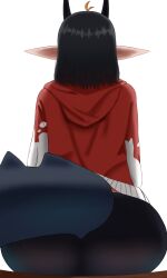 1girls ass ass_focus black_hair dragon dragon_girl dragon_tail female female_only from_behind from_below hoodie leggings looking_away pointed_ears pointy_ears poketune rita_(sunlightnova) sitting tail