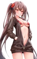 bikini bikini_top breasts brown_hair genshin_impact hu_tao_(genshin_impact) jacket rable red_eyes small_breasts twintails