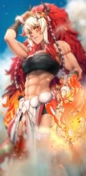 1girls abs aduti_momoyama alternate_costume arm_up bandeau bangs black_shorts breasts chest_sarashi commentary_request facial_mark female female_abs female_only fire_emblem fire_emblem_fates fire_emblem_heroes grin highres long_hair looking_at_viewer medium_breasts midriff multicolored_hair muscular muscular_female navel nintendo official_alternate_costume pelvic_curtain red_eyes red_hair rinkah_(fire_emblem) rinkah_(flame)_(fire_emblem) sarashi short_shorts smile solo standing stomach strapless tube_top two-tone_hair very_long_hair whisker_markings white_hair wig wrist_wrap