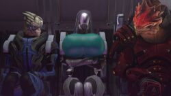 1girls 2boys 3d alien alien_girl alternate_breast_size animated annoyed armor arms_crossed big_breasts bouncing_breasts breasts busty clothing female garrus_vakarian gigantic_breasts huge_breasts jiggle jiggling_breasts krogan large_breasts looking_at_breasts male mass_effect quarian rodler-h8 sitting sound tali'zorah_nar_rayya thick_thighs turian urdnot_wrex vehicle video