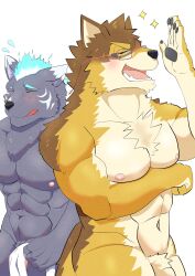 abs anthro barrel_(live-a-hero) blush canid canine canis duo embarrassed eyewear flaccid furlong_(live-a-hero) genitals glasses hi_res ho_jiro hyaenid lifewonders live-a-hero male male/male mammal muscular muscular_anthro muscular_male navel nipples nude pecs penis penis_base video_games wolf