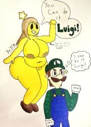 chubby_female encouragement f.m. gold_hair huge_ass huge_breasts luigi mario_(series) mario_and_luigi_(series) shoes_only starlow yellow_skin