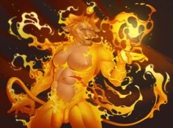 2021 anthro balls bovid bovine cattle elemental_manipulation facial_hair fire fire_manipulation flaccid fyoflo genie genie_(ben300) genitals goatee horn male mammal navel nipples orange_body pecs penis solo tail