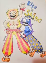 2girls big_breasts daycare_attendant_(fnaf) f.m. female female_only five_nights_at_freddy's five_nights_at_freddy's:_security_breach midriff moondrop multiple_girls pants purple_hair rule_63 smile sundrop text topless yellow_hair