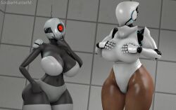 2girls 3d 3d_(artwork) 4k ass automated_turret big_ass big_breasts black_skin bodysuit breasts crossover dark-skinned_female dark_skin gun haydee haydee_(game) helmet huge_ass huge_breasts human humanoid portal_(series) portal_2 red_eyes robot robot_girl robot_humanoid sentry_turret soldierhunterm source_filmmaker thick_thighs turret turret_(portal) turret_gal_(soldierhunterm) valve